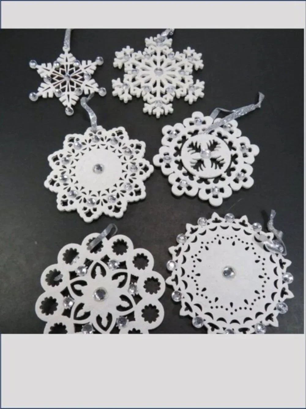 White Wood Snowflake Ornaments Set 6 Rhinestone Double Sided Hand Painted